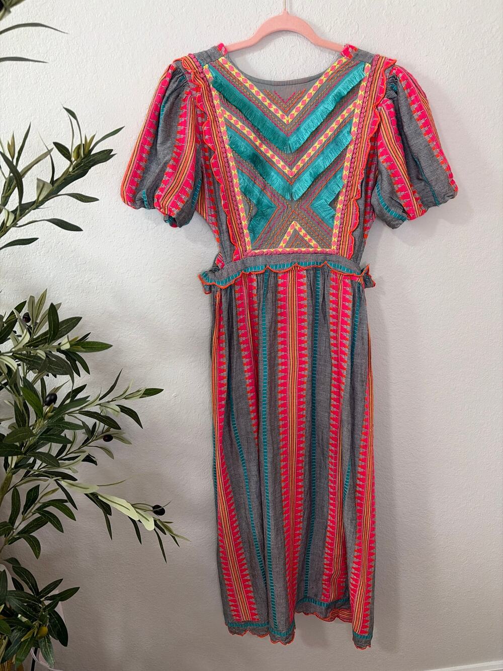 America & Beyond Gray Embroidered Boho Puff Sleeve Midi Dress